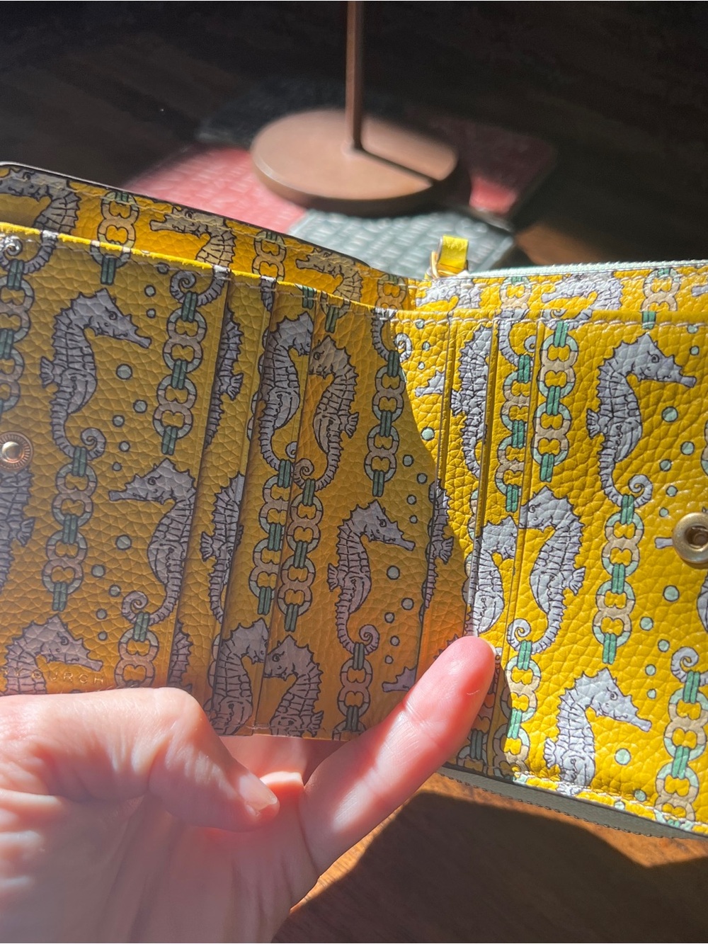 Tory Burch Mint Green Seahorse Print Wallet with Yellow Strap - Picture 3 of 5